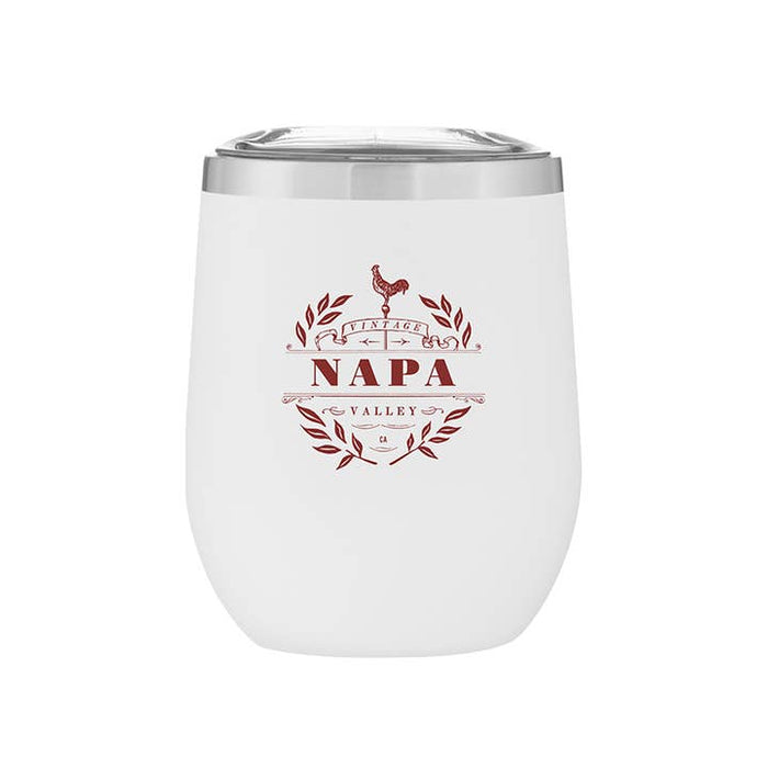 12 Oz. Stainless Insulated Stemless Wine Cup with a clear lid, showcasing the Customizable VINTAGE Design.