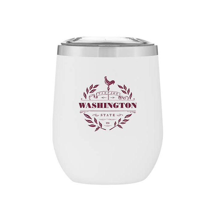 Group shot of 12 Oz. Stainless Insulated Stemless Wine Cups with Customizable VINTAGE Designs, perfect for gifts or personal use.