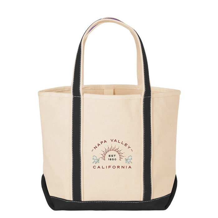 Beige tote bag with black handles and trim, featuring Napa Valley California text and logo.