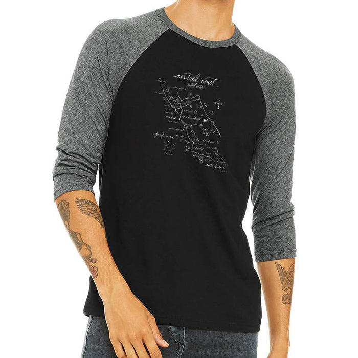Custom Wholesale Bella + Canvas Unisex 3.6 Oz. Three-Quarter Sleeve Baseball Tee Printed with a Customizable CALLIGRAPHY MAP COLLECTION Design