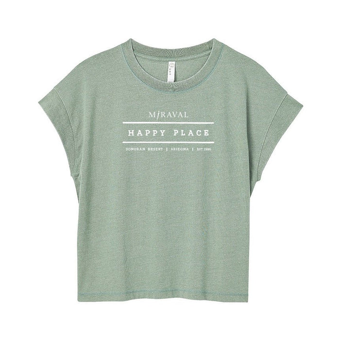 Custom HAPPY PLACE Live & Tell Ladies 5.7 Oz. Relaxed Deep Crew Neck Drop Shoulder Short Sleeve Vintage Wash Jersey T-Shirt