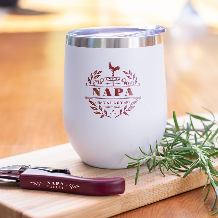 12 Oz. Stainless Insulated Stemless Wine Cup featuring a Customizable VINTAGE Design with a sleek finish and perfect for on-the-go beverages.