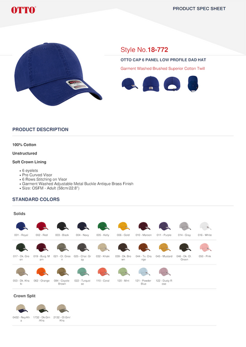 Custom TEXT OTTO CAP Cotton Twill Garment Washed Superior Dad Cap