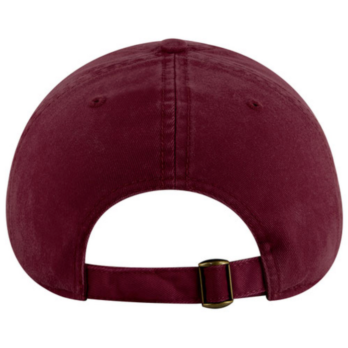 Maroon baseball cap with a gold buckle on a white background