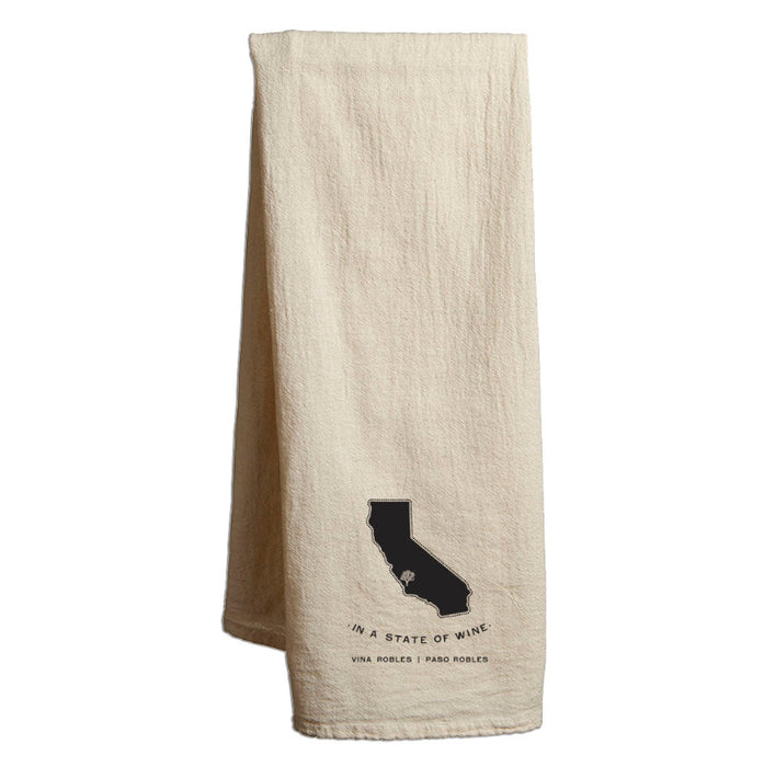 Beige towel with black state outline and text on a white background