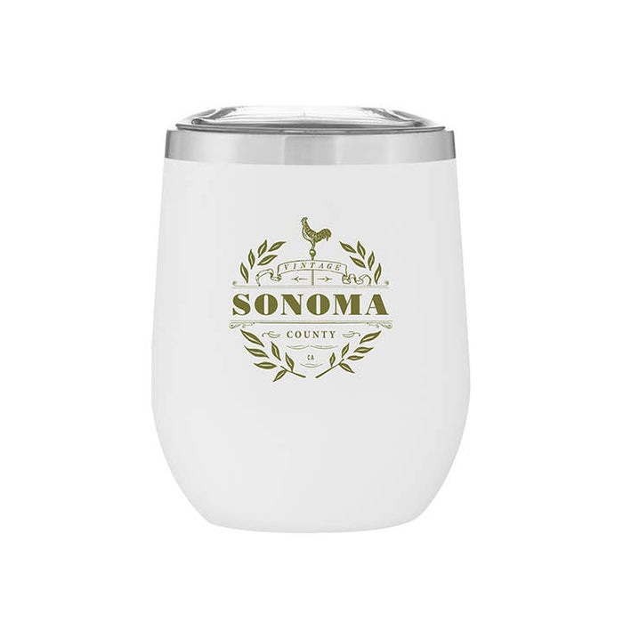 Detail of the 12 Oz. Stainless Insulated Stemless Wine Cup, highlighting the durable materials and Customizable VINTAGE Design.